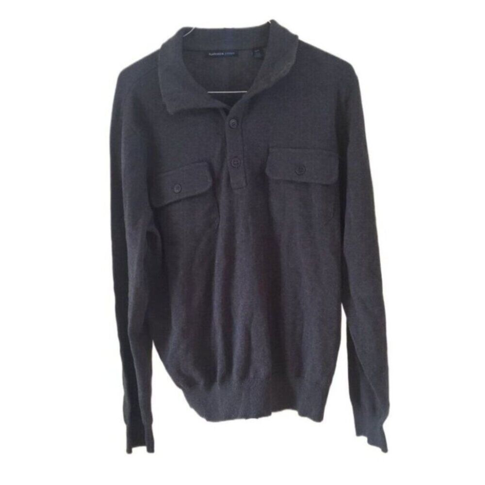 Van Heusen Men's Dark Gray Pocketed Long Sleeve Collared Henley